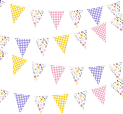 32Ft Dusty Blue Party Decorations Retro Blue Gingham Triangle Banner Flag Pennant Fabric Garland Streamers for Nautical Wedding Birthday Ahoy Achor Bridal Baby Shower Under The Sea Decor Supplies