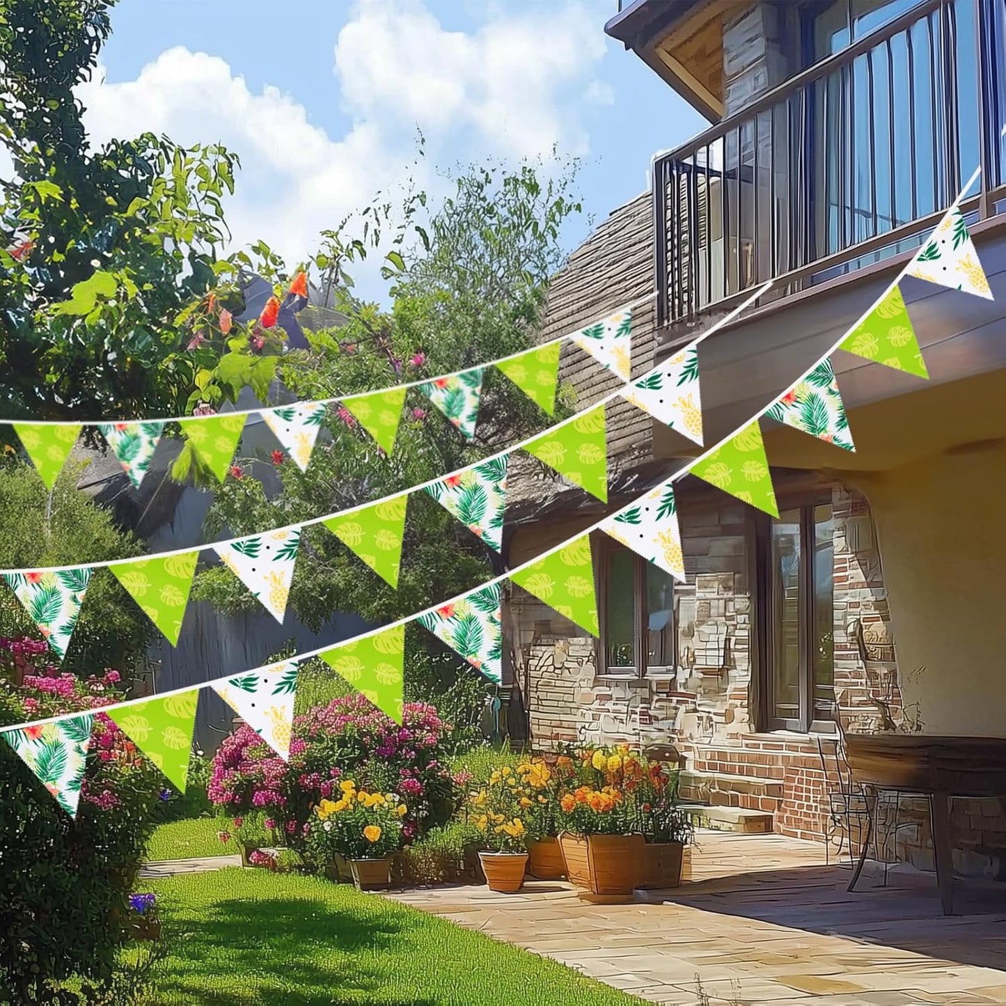 G2PLUS 39Ft Triangle Bunting Banner, 42Pcs Pink Floral Garland Pennant Banner, Reusable Cotton Triangle Flags Party Decoration for Birthday, Wedding, Garden Tea Party, Baby Shower, Room Decor
