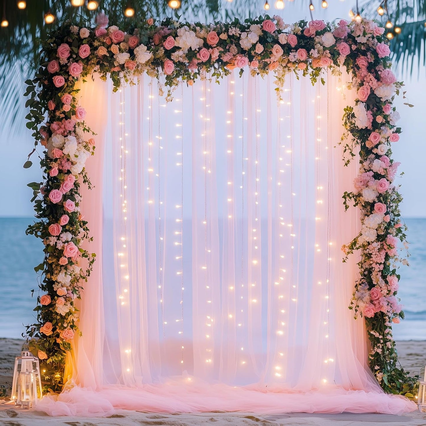 Fomcet Tulle Backdrop Curtains with Lights String White 10FT X 8FT Sheer Curtain with Lights Tulle Curtains Backdrop for Wedding Birthday Party Baby Shower Photo Shoot (2 Panels 5x8FT)