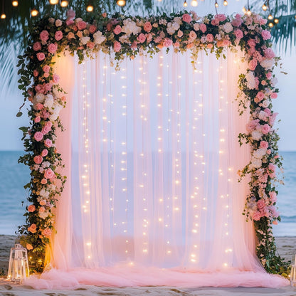 Fomcet Tulle Backdrop Curtains with Lights String White 10FT X 8FT Sheer Curtain with Lights Tulle Curtains Backdrop for Wedding Birthday Party Baby Shower Photo Shoot (2 Panels 5x8FT)