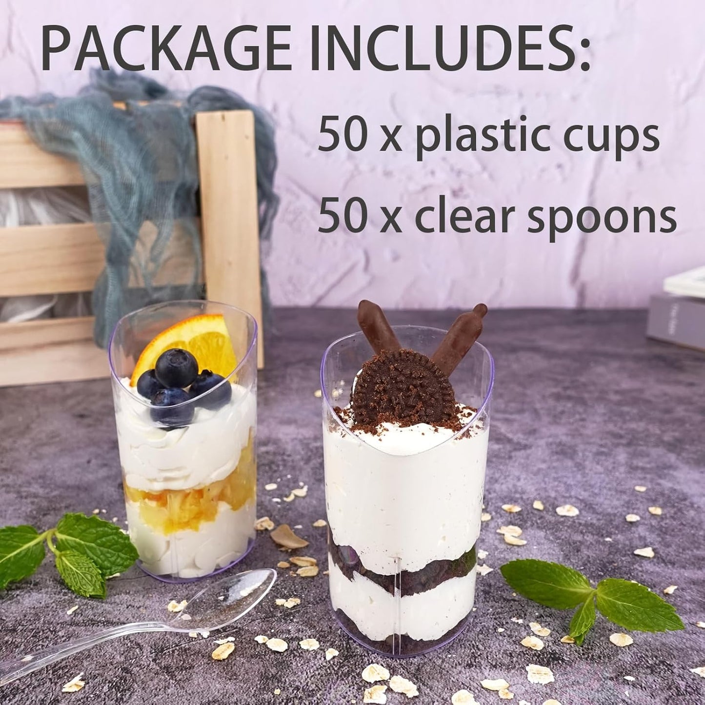 50 Pack Mini Dessert Cups with Spoons, 3 oz Clear Plastic Parfait Appetizer Cups, Small Reusable Shooter Serving bowls for Tasting, Slanted Triangle Dessert Shot Glasses