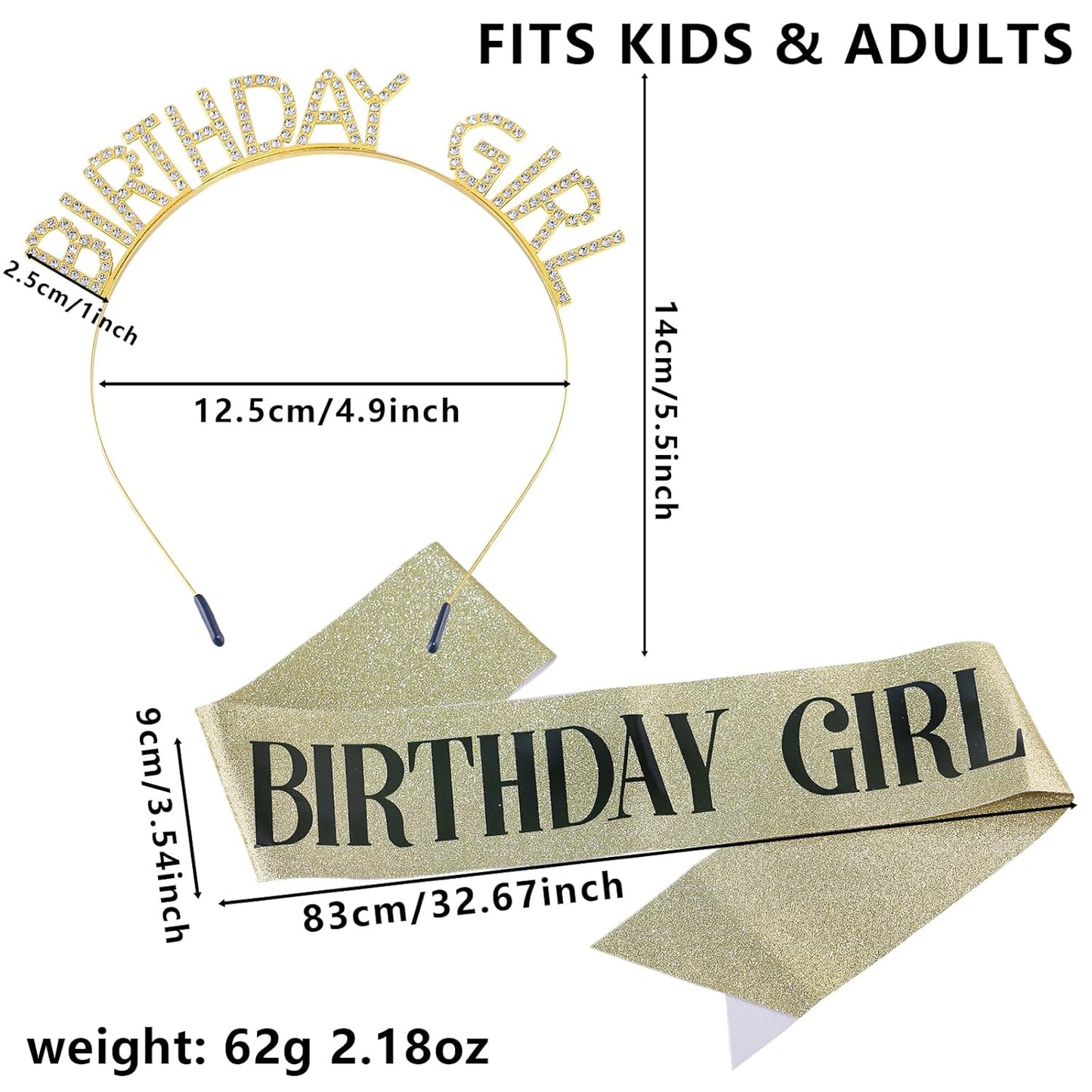 Birthday Sash and Crown Set for Women – Pink Glitter Birthday Girl Sash with Rhinestone Tiara Headband for Party Celebration Gift