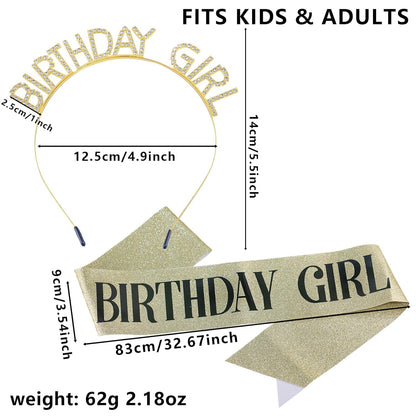 Birthday Sash and Crown Set for Women – Pink Glitter Birthday Girl Sash with Rhinestone Tiara Headband for Party Celebration Gift