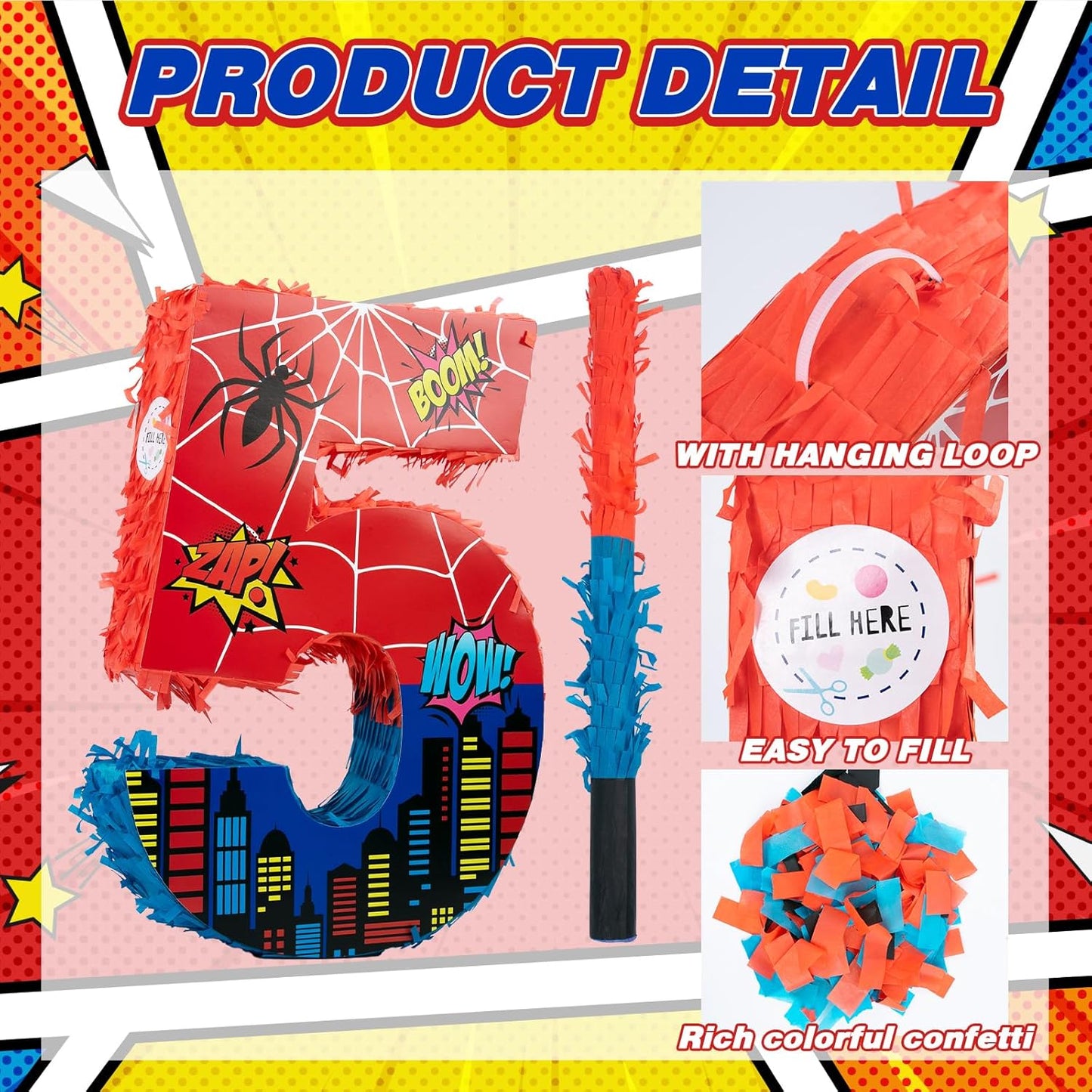 Number 4 Spider Pinata Bundle with 16 Inch Piñata Stick Blindfold Confetti for Hero Birthday Party Decoration Anniversary Celebration Gift Spider Party Favors for Kids, 16 x 11.6 x 2.4 Inch