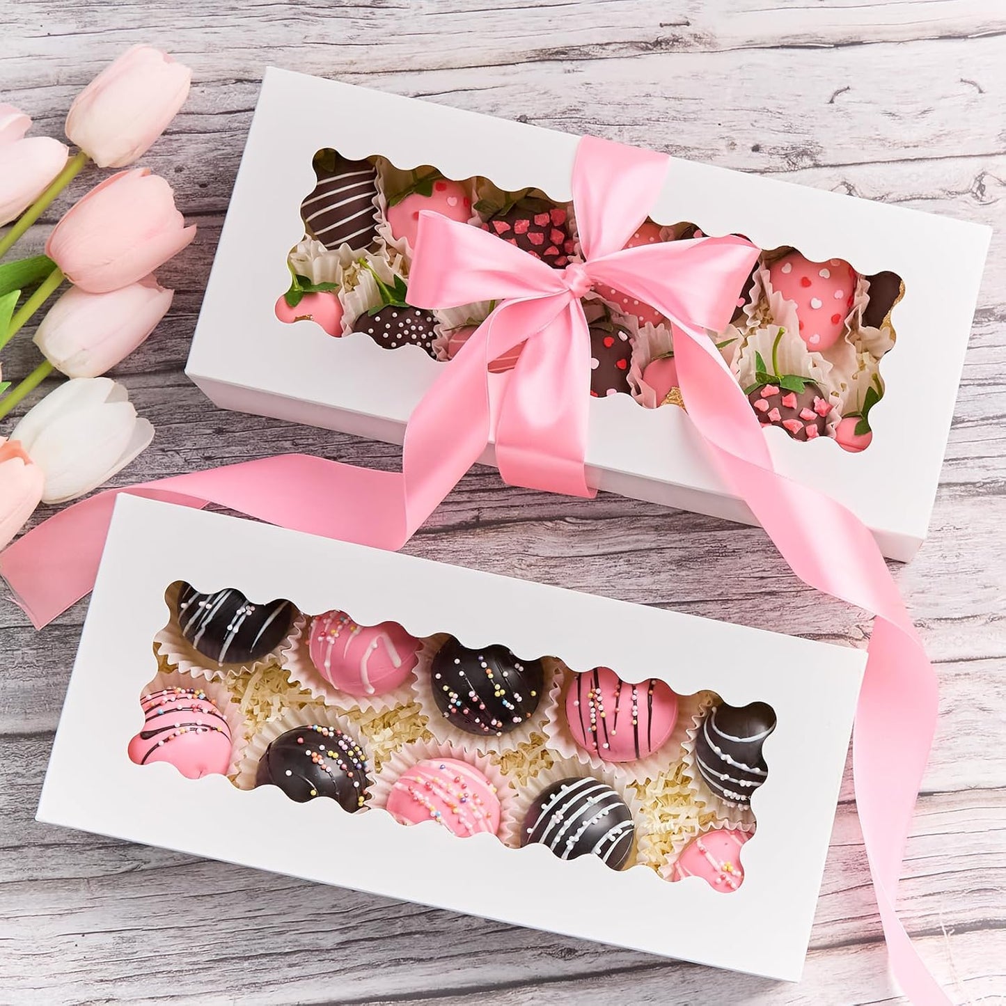 Kucoele 20 PCS Cookie Boxes with Window, 12.5 x 5.5 x 2.5 Inches Bakery Boxes Auto-Popup Treat Boxes for Chocolate Covered Strawberries, Hot Cocoa Bombs, Pastries, Donuts, Muffins