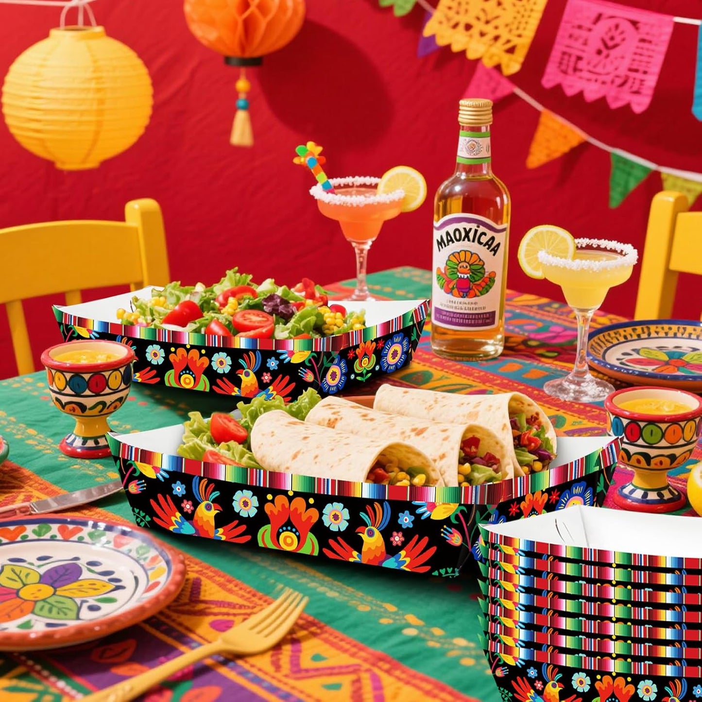 30 Pack Fiesta Mexican Food Trays, Floral and Serape Stripe Design Disposable Paper Serving Containers Boats for Taco Nights, Nachos, Fries, Popcorn, Snacks, Cinco de Mayo and Birthday Party Supplies
