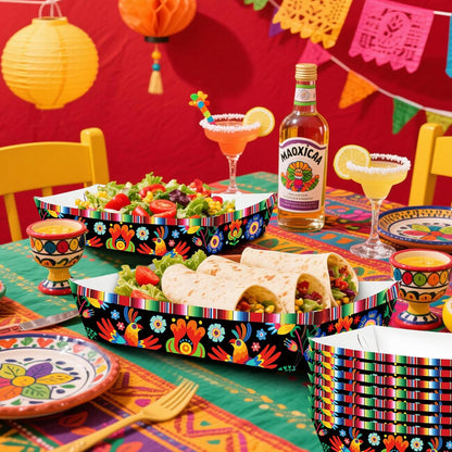 30 Pack Fiesta Mexican Food Trays, Floral and Serape Stripe Design Disposable Paper Serving Containers Boats for Taco Nights, Nachos, Fries, Popcorn, Snacks, Cinco de Mayo and Birthday Party Supplies