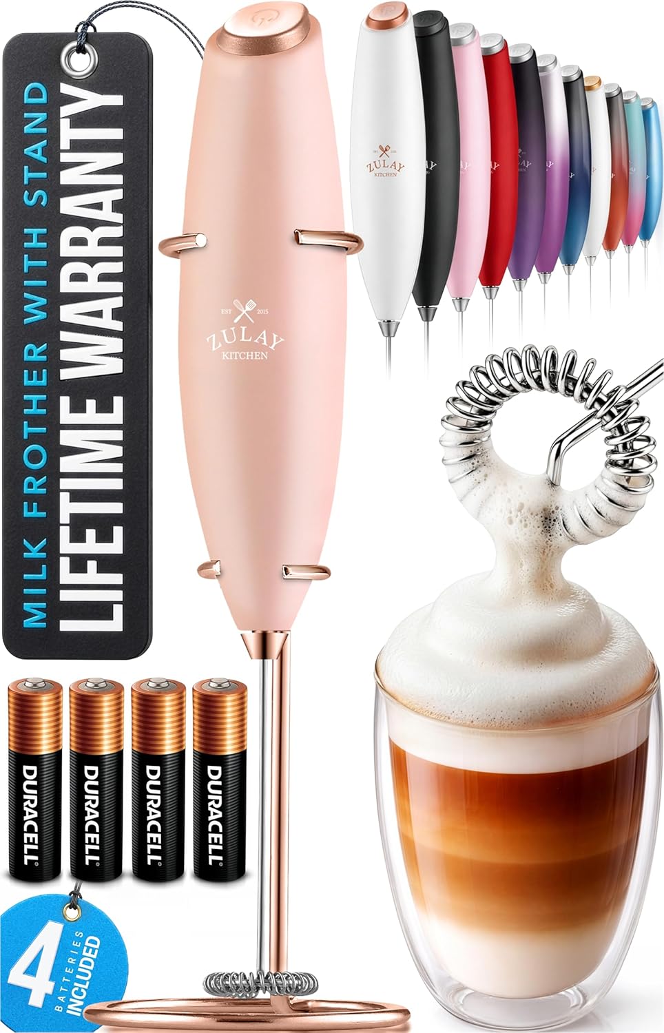 Zulay Kitchen Powerful Milk Frother Wand With Duracell Batteries - Ultra Fast Handheld Drink Mixer - Electric Whisk Foam Maker for Coffee, Lattes, Cappuccino & Matcha - Z1 Motor - Black - Colors C