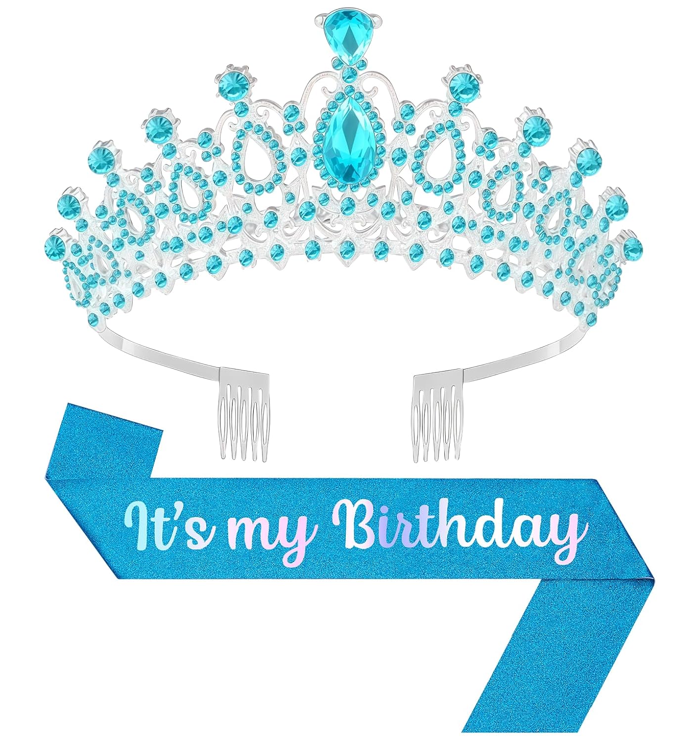 Birthday Tiara and Crown with Sash, Birthday Tiara for Women Party Silver