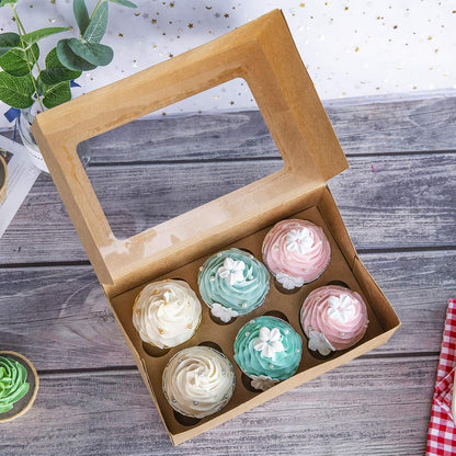 ONE MORE Cupcake Boxes with Inserts 6 Holders,9.5x6.3x3inch Large Brown Kraft Standard Bakery Boxes with Window Food Grade Cake Carrier Container for Muffins Gift Treat Box Bulk,Pack of 15