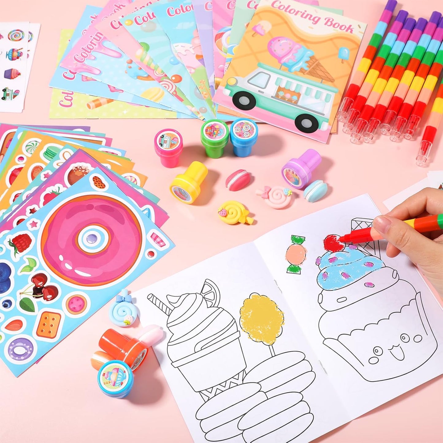 BenLouis 84Pcs Candyland Party Favors Ice Cream Donut Coloring Book Crayon Stickers Set Bulk for Kids Cupcake Lollipop Sweet Treats Birthday Gift Bag Desserts Pinata Filler Classroom Reward Crafts