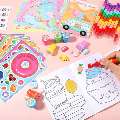 BenLouis 84Pcs Candyland Party Favors Ice Cream Donut Coloring Book Crayon Stickers Set Bulk for Kids Cupcake Lollipop Sweet Treats Birthday Gift Bag Desserts Pinata Filler Classroom Reward Crafts