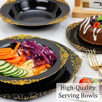 Nervure 50 Pack White Plastic Bowls with Gold Rim - 12oz Disposable Soup Bowls - Heavy Duty Dessert Bowl, Salad Bowl Perfect for Weddings, Parties, Mothers Day
