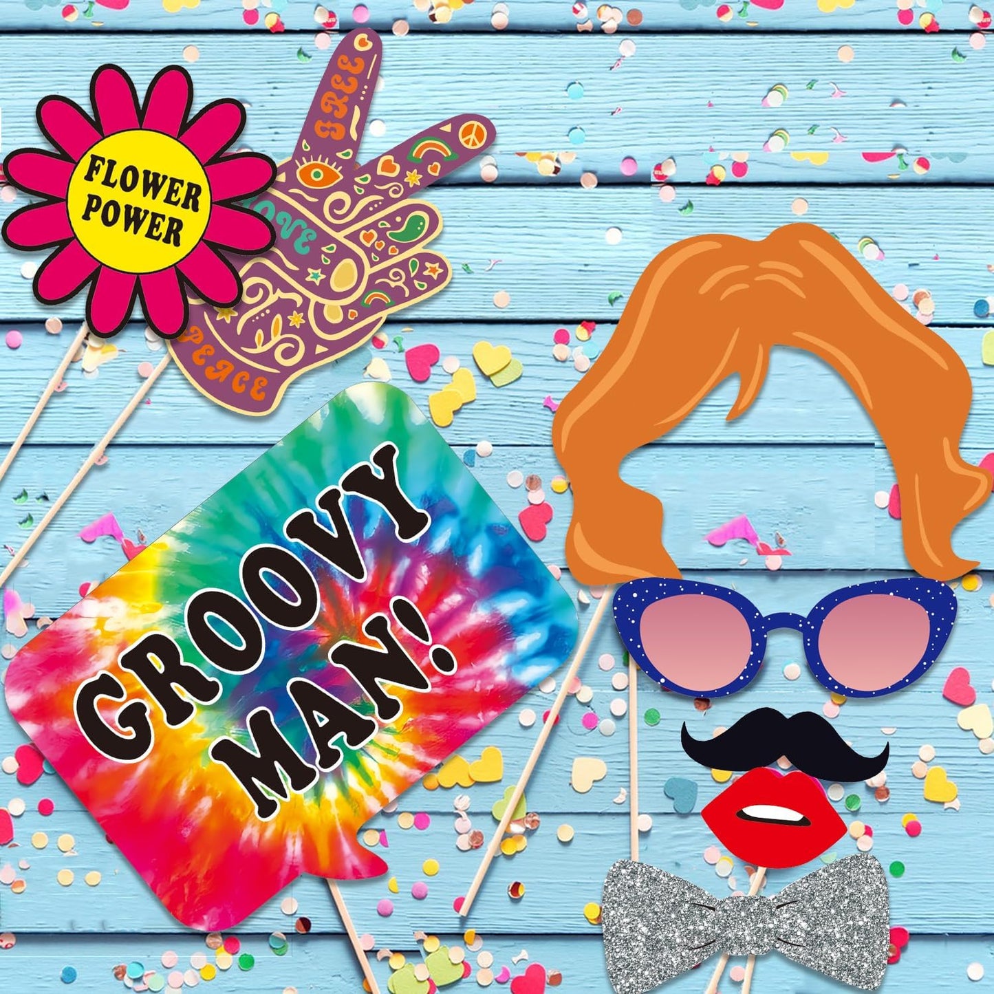 31pcs 60s Party Decorations, 30pcs 60's Photo Booth Prop with 1pcs 60 Hippie Bus Shaped Selfie Frame, Groovy Peace Love Themed Favor for 60's Hippie Birthday Party Favor Supplies