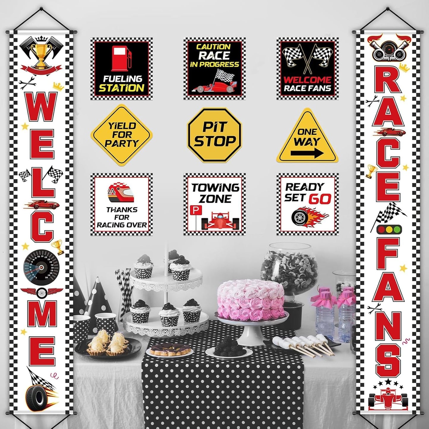 Race Car Birthday Party Banner Checkered Flags 9 Cars Party Signs for Car Birthday Party Decoration Set Racing Fans Welcome Porch Sign for Boys Let's Go Racing Party Supplies for Kids Race Fans