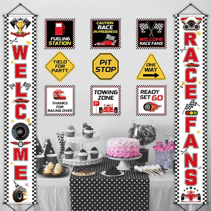 Race Car Birthday Party Banner Checkered Flags 9 Cars Party Signs for Car Birthday Party Decoration Set Racing Fans Welcome Porch Sign for Boys Let's Go Racing Party Supplies for Kids Race Fans