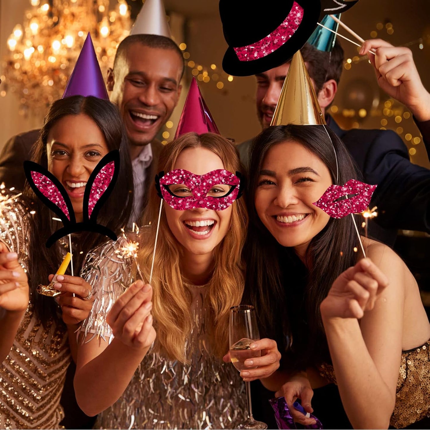 Zonon 24 Pcs Funny Photo Booth Props Class of 2026 Graduation Birthday Wedding Family Class Reunion Prom Disco Party Celebration Decoration Supplies Mix of Hats, Lipstick, Tie(Blue and Black)