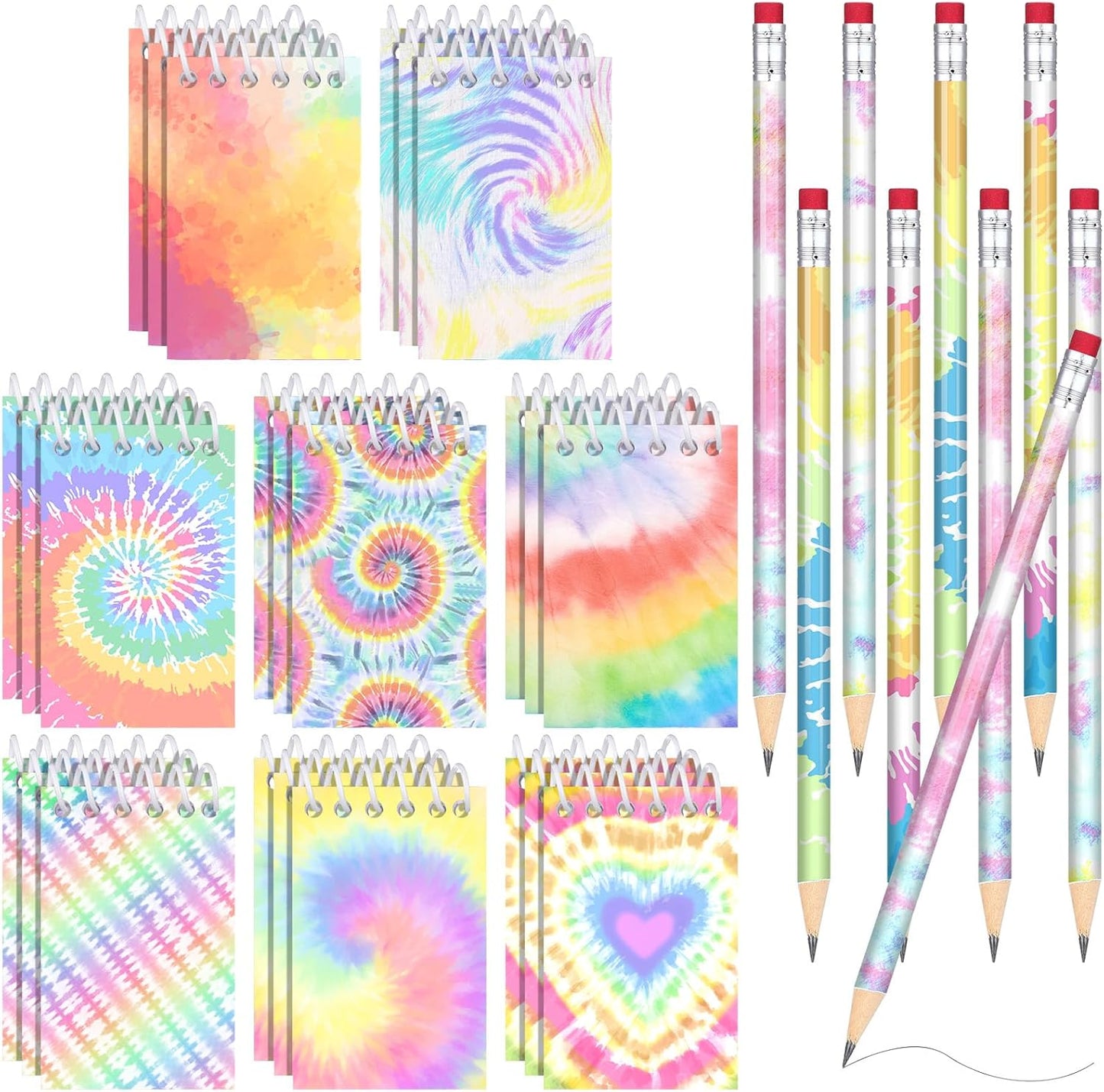 Honoson 48 Pcs Mini Tie Dye Notepads for Pocket Little Notepads Spiral Mini Notebooks, Small Note Pads and Pencils Bulk Tie Dye Birthday Party Favor Art Supplies(Light)