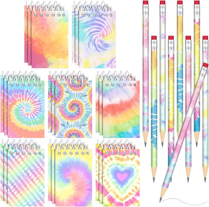 Honoson 48 Pcs Mini Tie Dye Notepads for Pocket Little Notepads Spiral Mini Notebooks, Small Note Pads and Pencils Bulk Tie Dye Birthday Party Favor Art Supplies(Light)