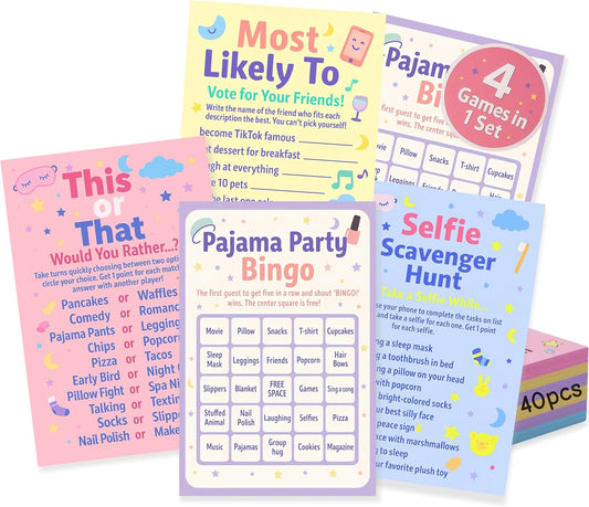 Sleepover Games for Teen Girls – 4 Fun Pajama Party Games for Up to 20 Players – Includes This or That, Scavenger Hunt, Bingo, Most Likely To – Slumber Party Activities & Girls Night Supplies