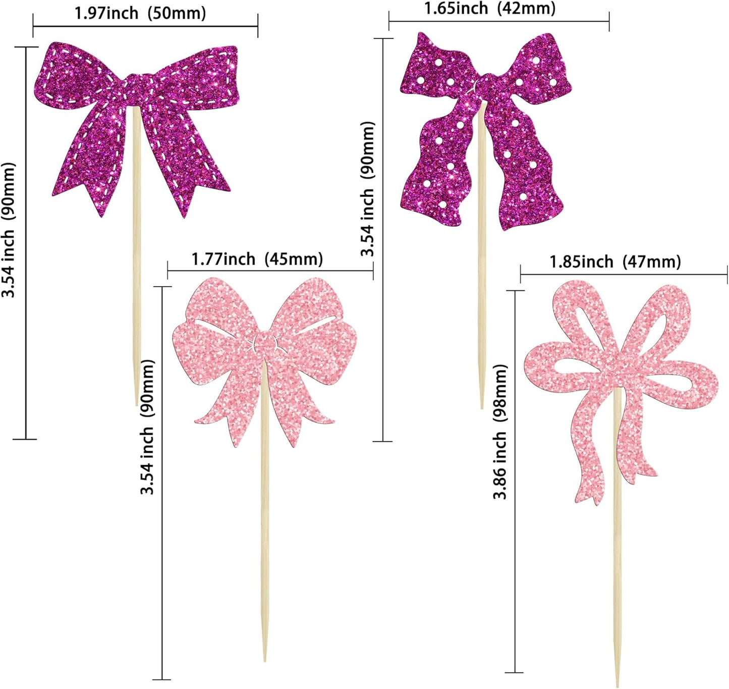 Ephlyn 24Pcs Pink Bow Cupcake Toppers Bow Birthday Cake Topper Girls Birthday Party Decorations Bowknot Cupcake Decorations for Bridal Wedding Themed Party Multi