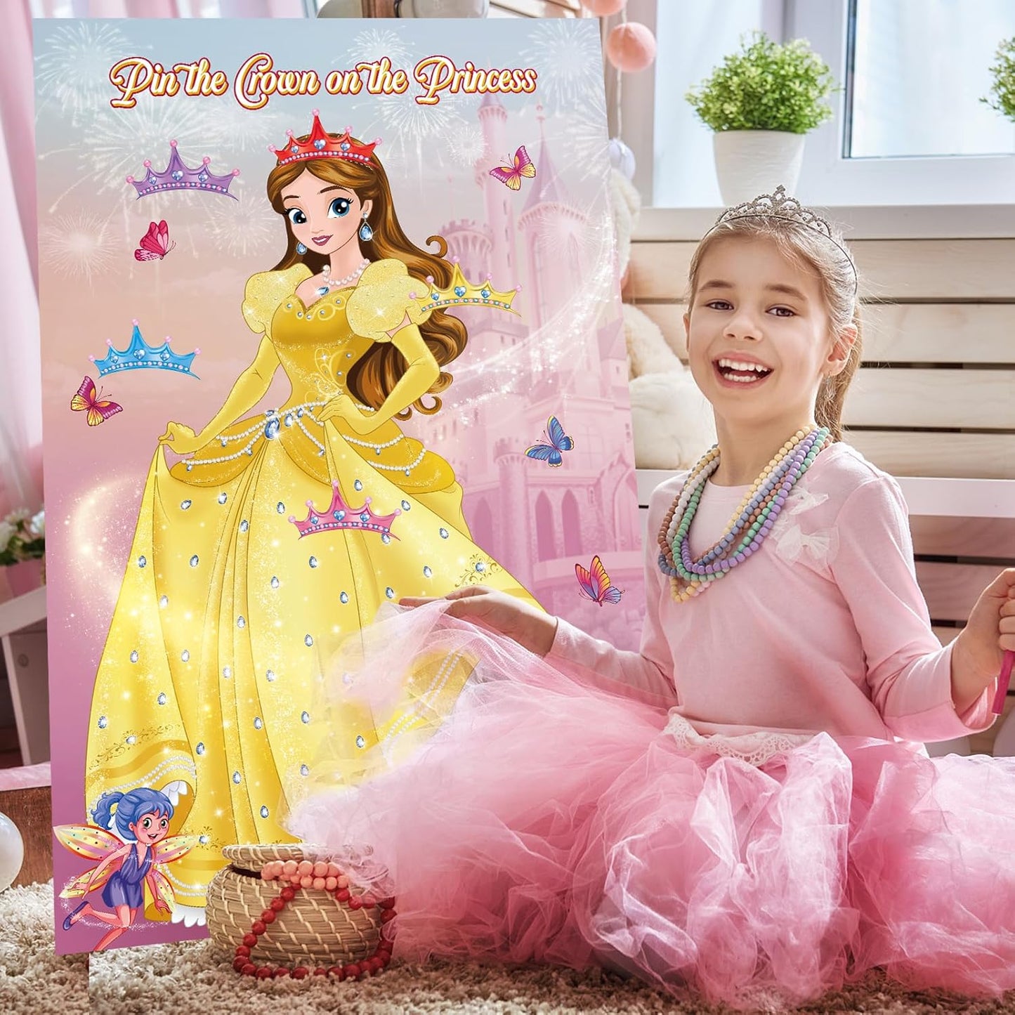 Pin The Crown on The Princess Party Games for Girls Princess Birthday Party with 24 Pcs Crowns, Large Princess Poster for Kids Girls Princess Birthday Party Princess Tea Party Decorations