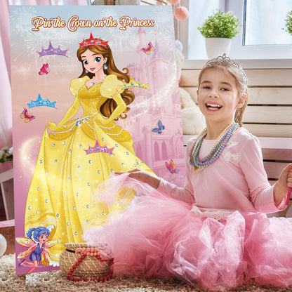 Pin The Crown on The Princess Party Games for Girls Princess Birthday Party with 24 Pcs Crowns, Large Princess Poster for Kids Girls Princess Birthday Party Princess Tea Party Decorations