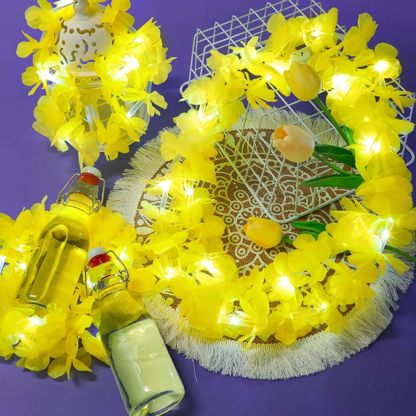 Sherr 24 Pcs LED Leis Light Up Purple and Gold Hawaiian Flower Necklaces, Graduation 2026 Party Supplies, Class of 2026 Leis for Beach Wedding Luau Glow Party Favors