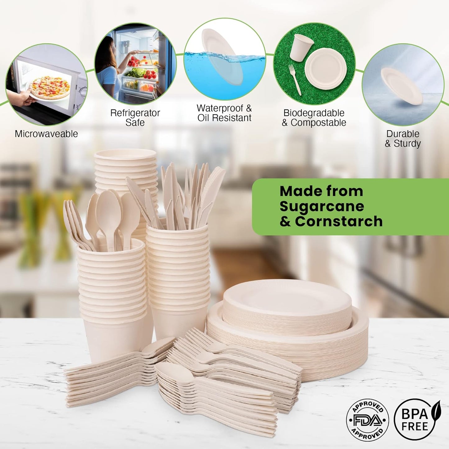 250 Piece Biodegradable Paper Plates Set (EXTRA LONG UTENSILS), Disposable Dinnerware Set, Eco Friendly Compostable Plates & Utensil include Plates, Forks, Knives and Spoons for Party