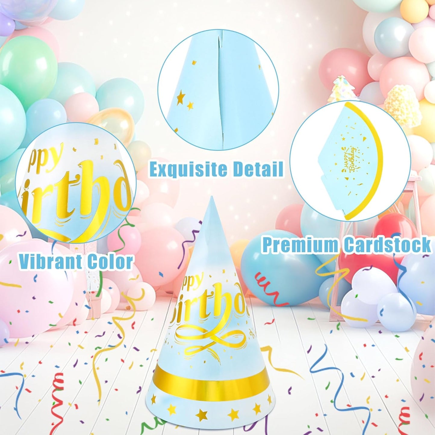 CANREVEL Party Hats for Adults, Birthday Party Headwear Supplies, Cone Hats Bulk for Women Men