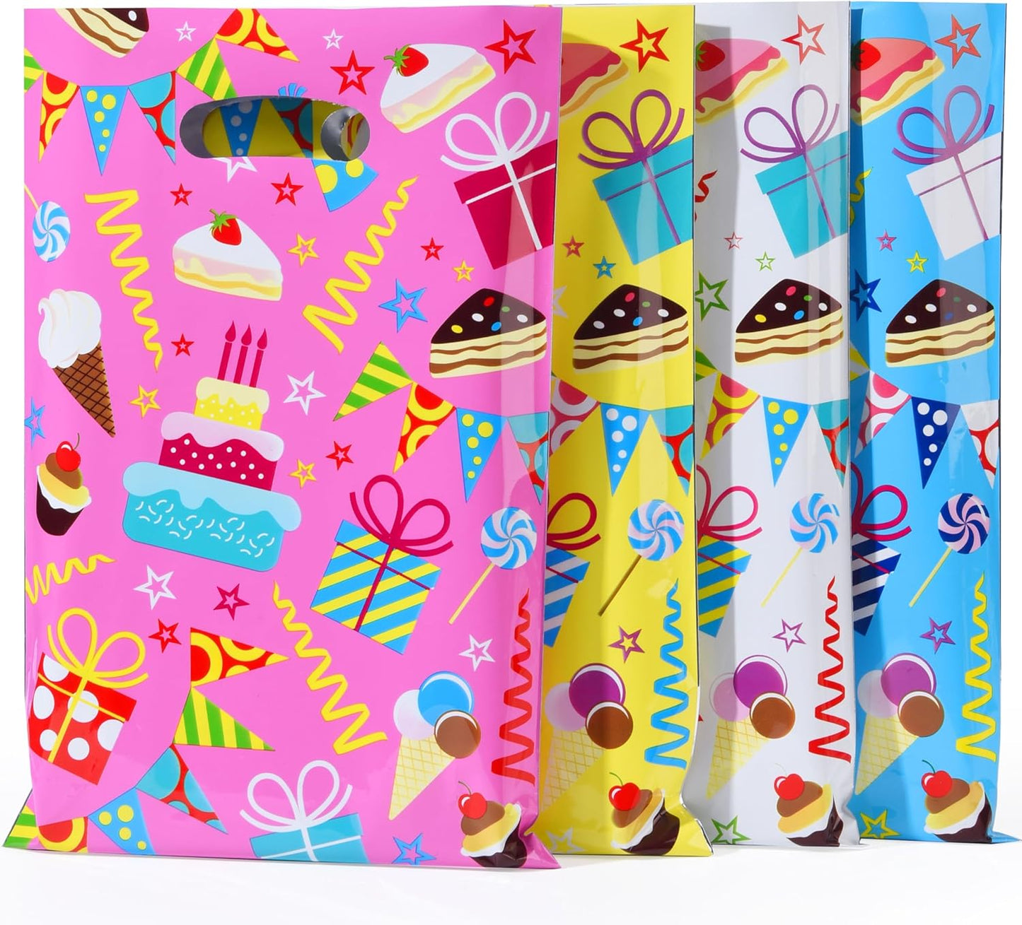 SUNCOLOR Birthday Party Favor Bags, 32 Pack Goodie Bags with Handles, 9.8 x6.7 inches, Pink Blue Yellow White Gift Bags for Kids Parties, Celebrations