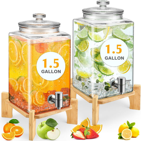 FillTouch 2 Set 1.5 Gallon Glass Beverage Dispenser with Wooden Stand Large Water Drink Dispensers for Parties with Leakproof Stainless Steel Spigot Glass Lid for Water, Juice, Iced Tea