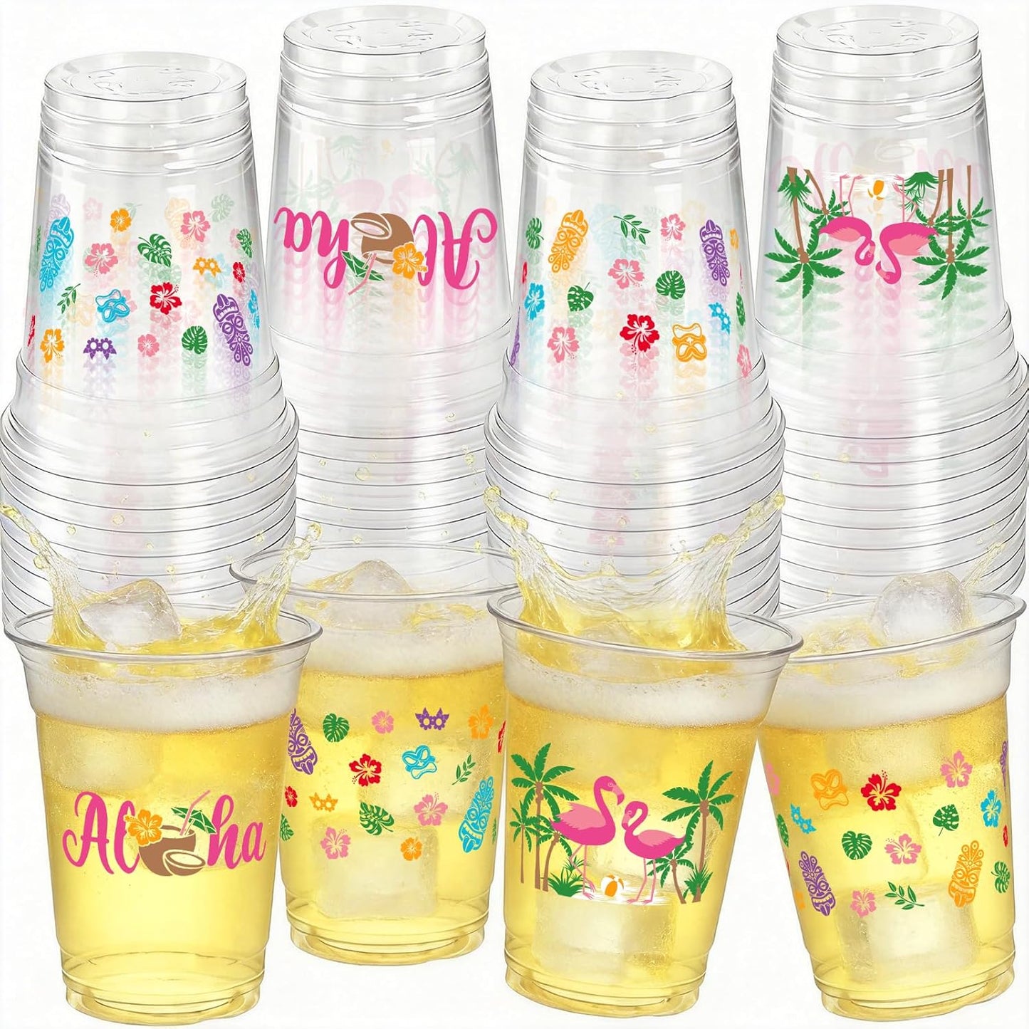 GuassLee 50 Luau Cups for Hawaiian Luau Party Decorations, 12 OZ Tiki Tropical Plastic Disposable Cups for Pool Flamingo Tiki Birthday Party Decor Supplies