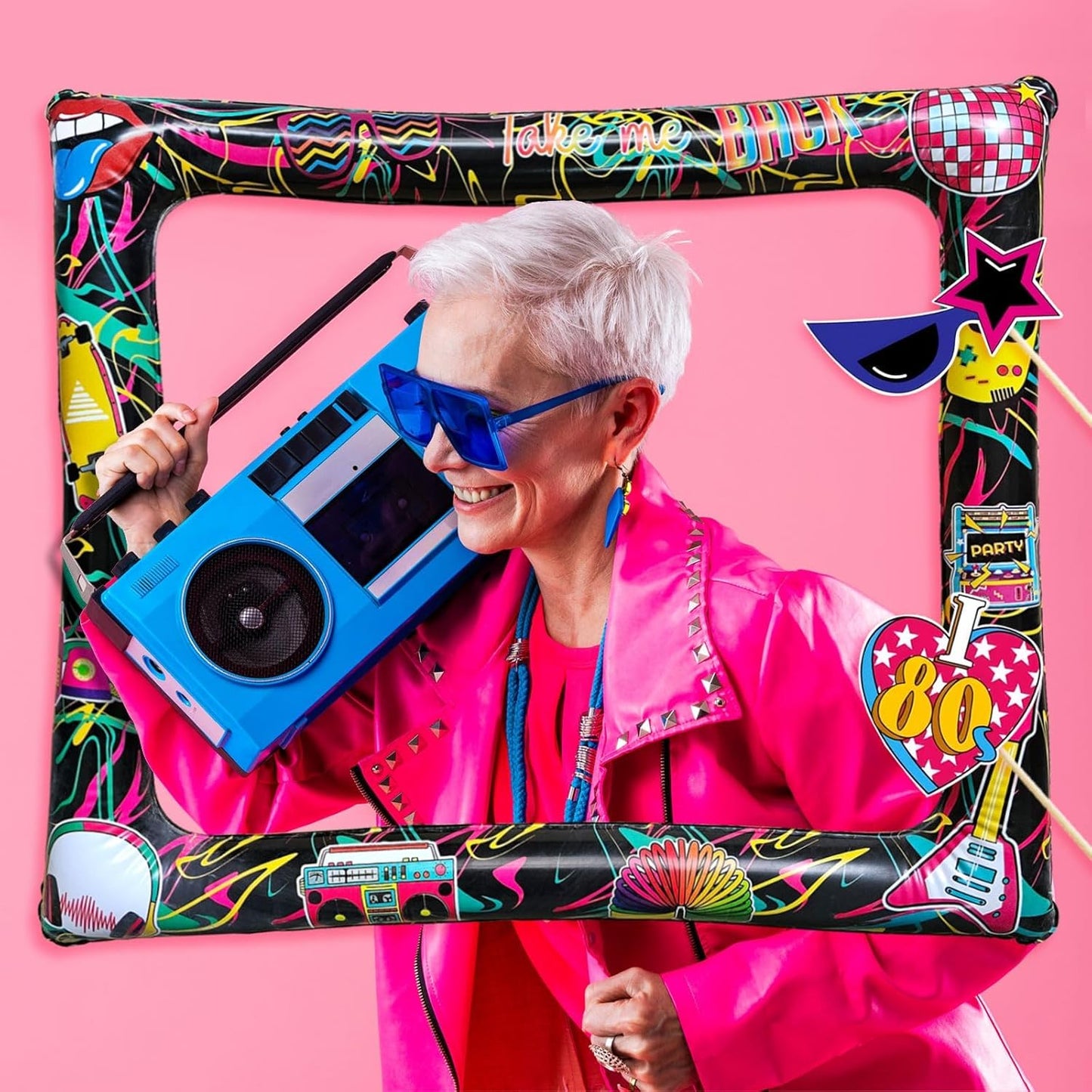 21Pcs Back to The 80s Inflatable Selfie Photo Frame & Props Set 1980s Retro Party Picture Frame I Love 80s Party Selfie Props for 1980s Throwback Birthday Back to 90S 80S Neon Party Supplies