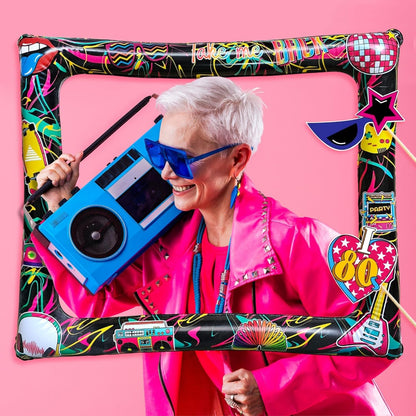 21Pcs Back to The 80s Inflatable Selfie Photo Frame & Props Set 1980s Retro Party Picture Frame I Love 80s Party Selfie Props for 1980s Throwback Birthday Back to 90S 80S Neon Party Supplies