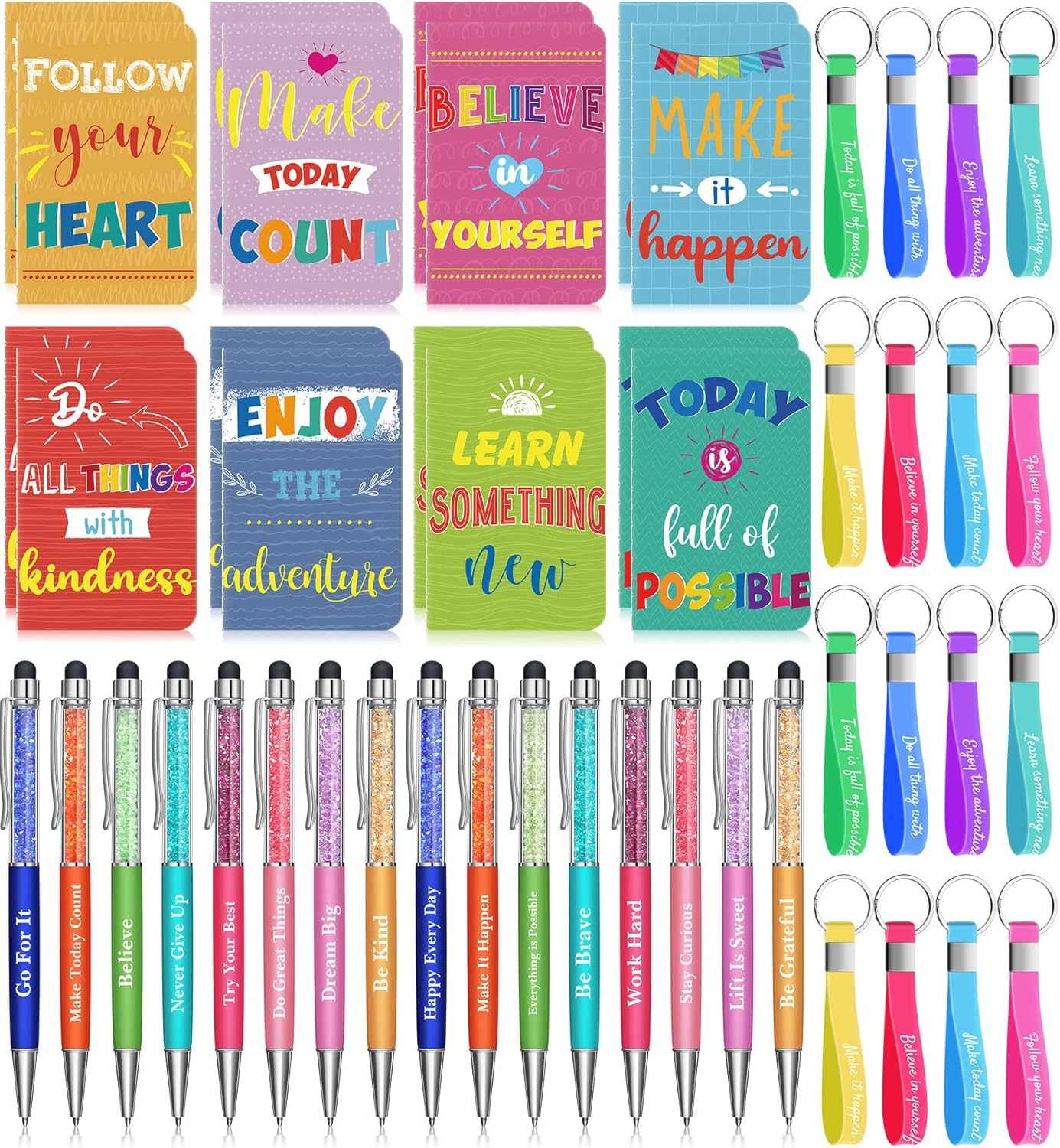 PerKoop 48 Pcs Inspirational Gifts Bulk Motivational Notepads Ballpoint Pens Keychains Set Modern Farmhouse Journal Notebooks Christian Gifts for Teachers School Office Party Favor Supplies