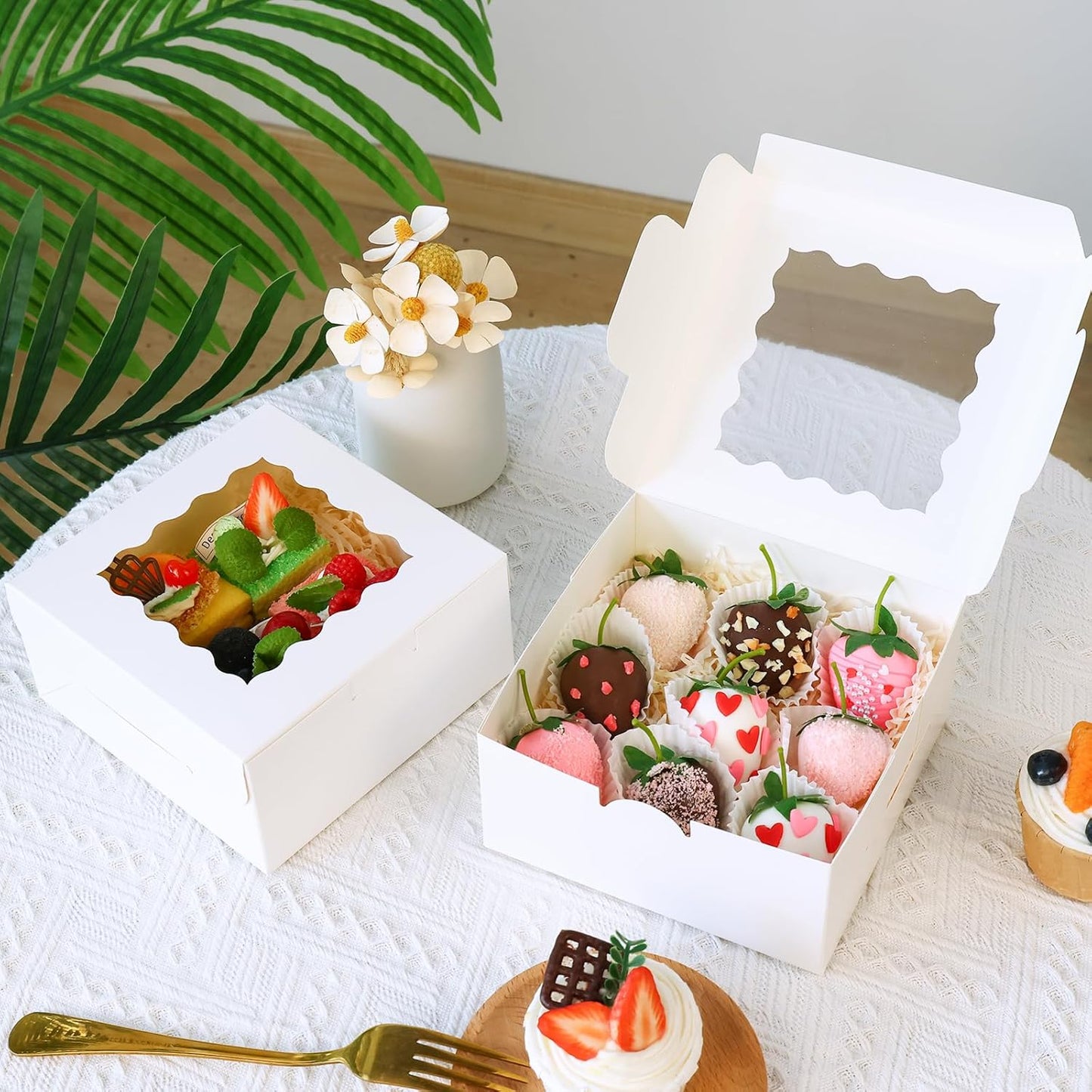 Moretoes 30pcs White Cookie Boxes with Window, 6x6x3 Inches, Bakery Boxes for Cookies, Pastry,Strawberries, Small Pie, Macarons