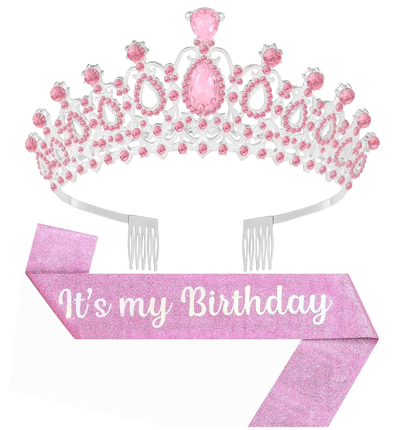 Birthday Tiara and Crown with Sash, Birthday Tiara for Women Party Silver