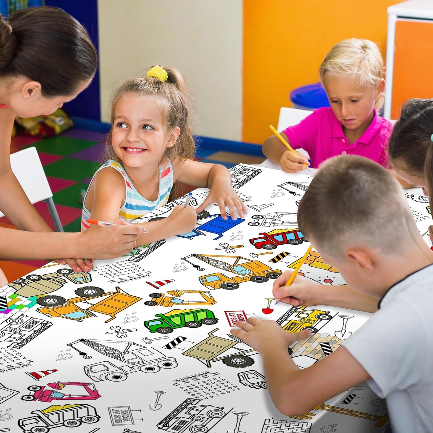 Giant Construction Party Coloring Tablecloth for Kids - Huge Construction Theme Table Cover Large Dump Truck Vehicle Painting Poster for Children Birthday Party Supplies 54x108 Inch