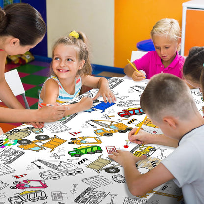 Giant Construction Party Coloring Tablecloth for Kids - Huge Construction Theme Table Cover Large Dump Truck Vehicle Painting Poster for Children Birthday Party Supplies 54x108 Inch