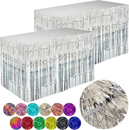Blue Streamers Party Decorations, 2 Packs Blue Table Skirts Metallic Foil Fringe Tinsel for Birthday Under the Sea Boy Baby Shower Float Parade Mardi Gras Graduation Party Supplies -29x108Inch