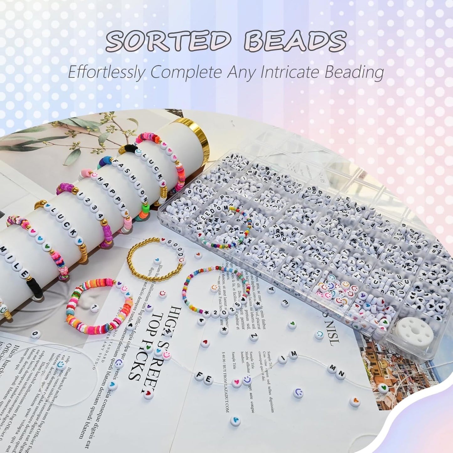 Amaney 1400pcs Glow Letter Beads, Heart Beads Whit Elastic Beading Cord,4x7mm Round Acrylic Alphabet Beads for Friend Bracelet Jewelry Making
