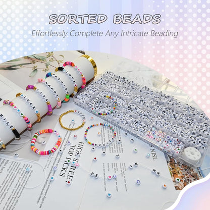 Amaney 1400pcs Glow Letter Beads, Heart Beads Whit Elastic Beading Cord,4x7mm Round Acrylic Alphabet Beads for Friend Bracelet Jewelry Making