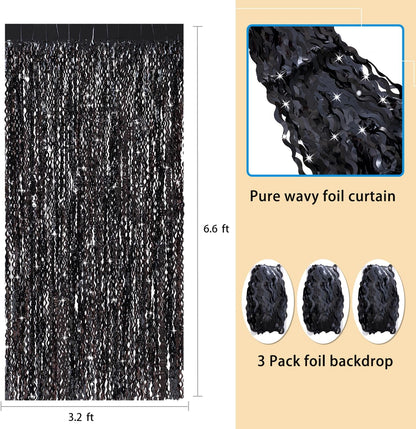 3 Pack Colorful Foil Fringe Curtain Backdrop - 6.6 x 3.3 ft Wavy Rainbow Tinsel Backdrop Curtain Metallic Streamers Iridescent Holiday Photo Booth Party Decorations