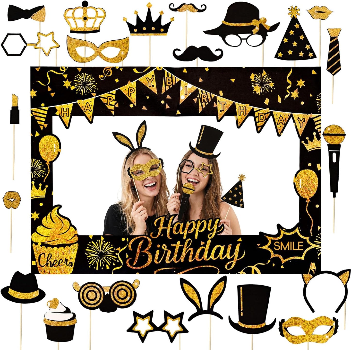 Fnuqz Black Gold Birthday Photo Booth Frame 23Pcs Photo Booth Props Set Party Selfie Birthday Party Decorations Funny Cute Selfie Supplies