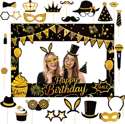 Fnuqz Black Gold Birthday Photo Booth Frame 23Pcs Photo Booth Props Set Party Selfie Birthday Party Decorations Funny Cute Selfie Supplies