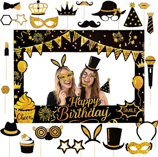 Fnuqz Black Gold Birthday Photo Booth Frame 23Pcs Photo Booth Props Set Party Selfie Birthday Party Decorations Funny Cute Selfie Supplies