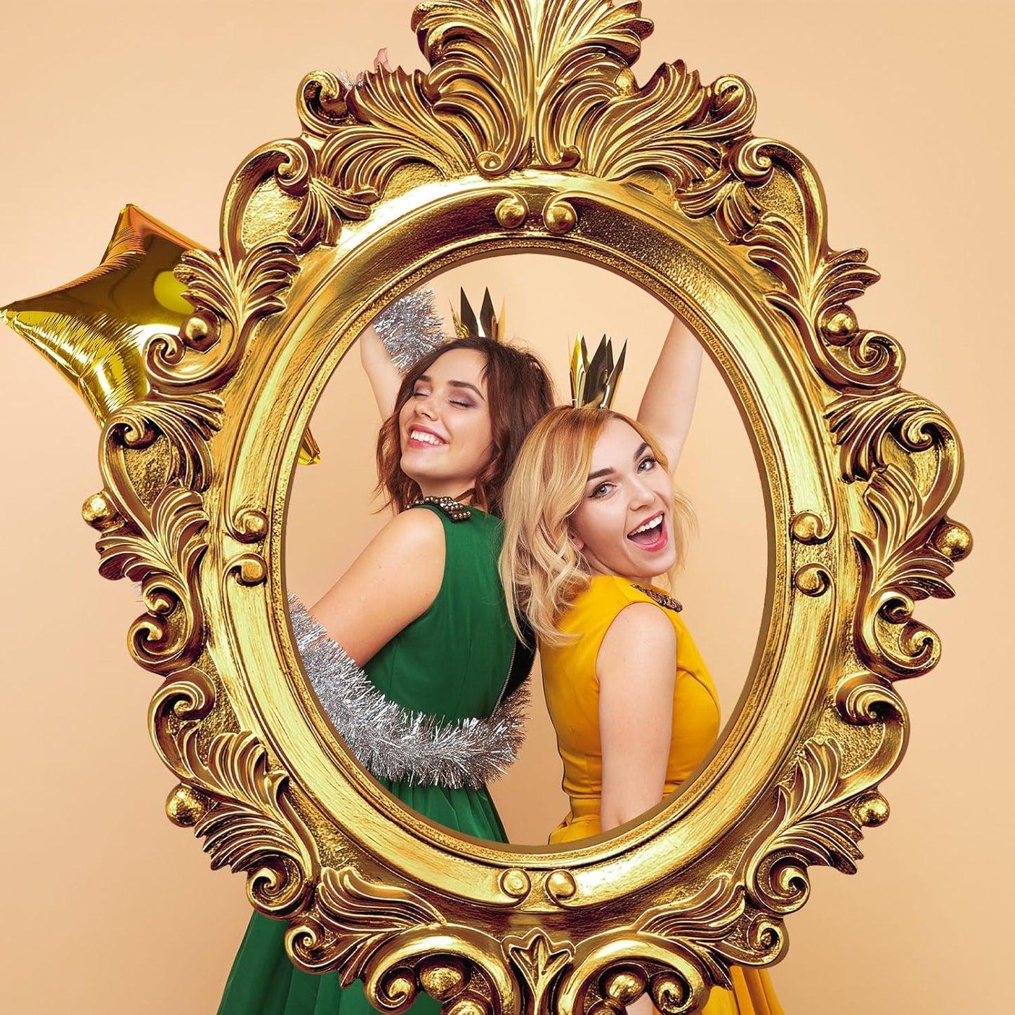 2 Pcs 32 x 24 Inch Large Photo Booth Props Gold Wedding Selfie Frame Vintage Photo Frame Picture Friends Selfie Props for Bachelorette Birthday 1920s Party Supplies, Rectangle and Oval