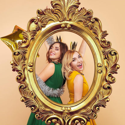 2 Pcs 32 x 24 Inch Large Photo Booth Props Gold Wedding Selfie Frame Vintage Photo Frame Picture Friends Selfie Props for Bachelorette Birthday 1920s Party Supplies, Rectangle and Oval