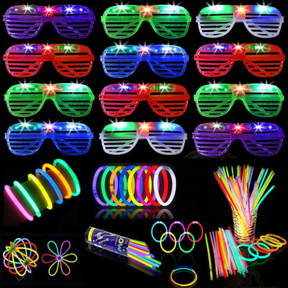 62 Pcs LED Light Up Party Favors 12 Glow Glasses with 50 Glow Sticks Necklaces Bracelets Bulk Light Up Toys for Christmas Easter 4th of July Party Favors Neon Carnival
